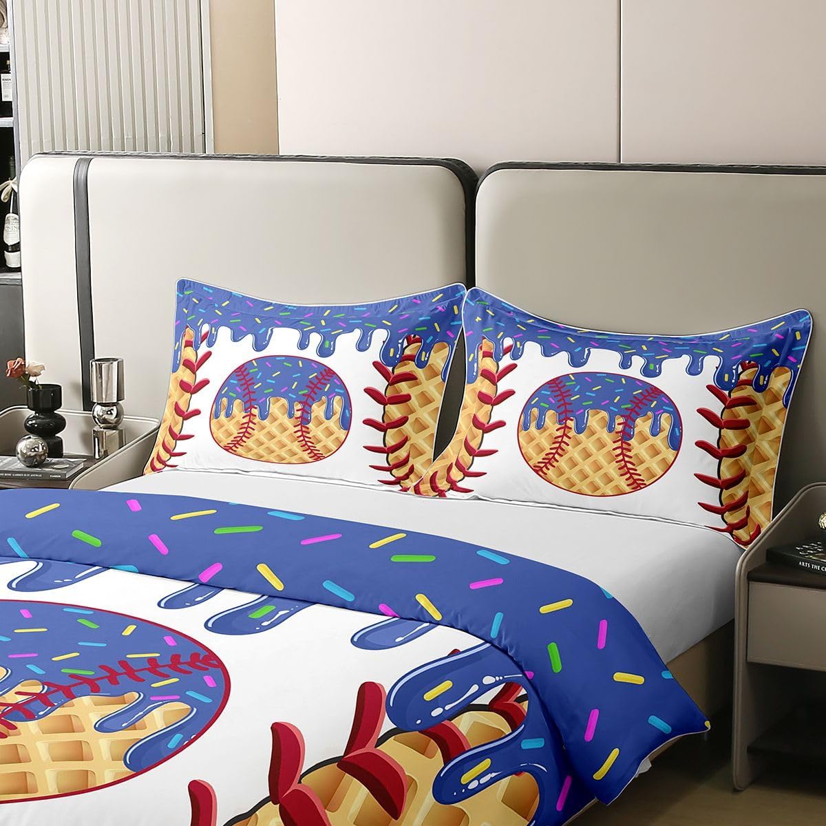 Castle Fairy 100% Nature Cotton Baseball Duvet Cover Queen Size 3 Pcs Red Yellow Ice Cream Drip Bedding Set Room Decor Gifts Ball Sports Theme Comforter Cover,Comforter Not Included image 3