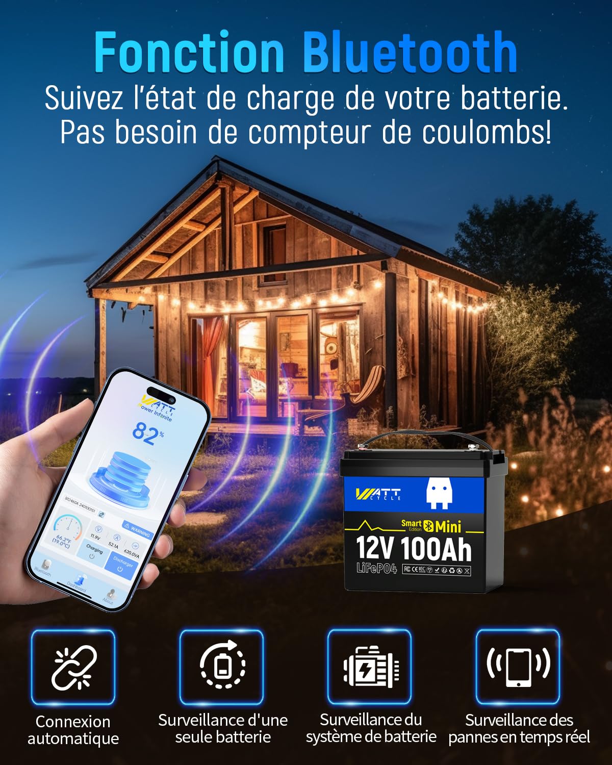 Batería de Litio LiFePO4 12V 100Ah con Bluetooth, Grupo BCI 24, 12V Mini Baterías 100A BMS Inteligente, Soporta Bluetooth en Teléfono, 15000 Ciclos Profundos, Motor de Arrastre Marino RV