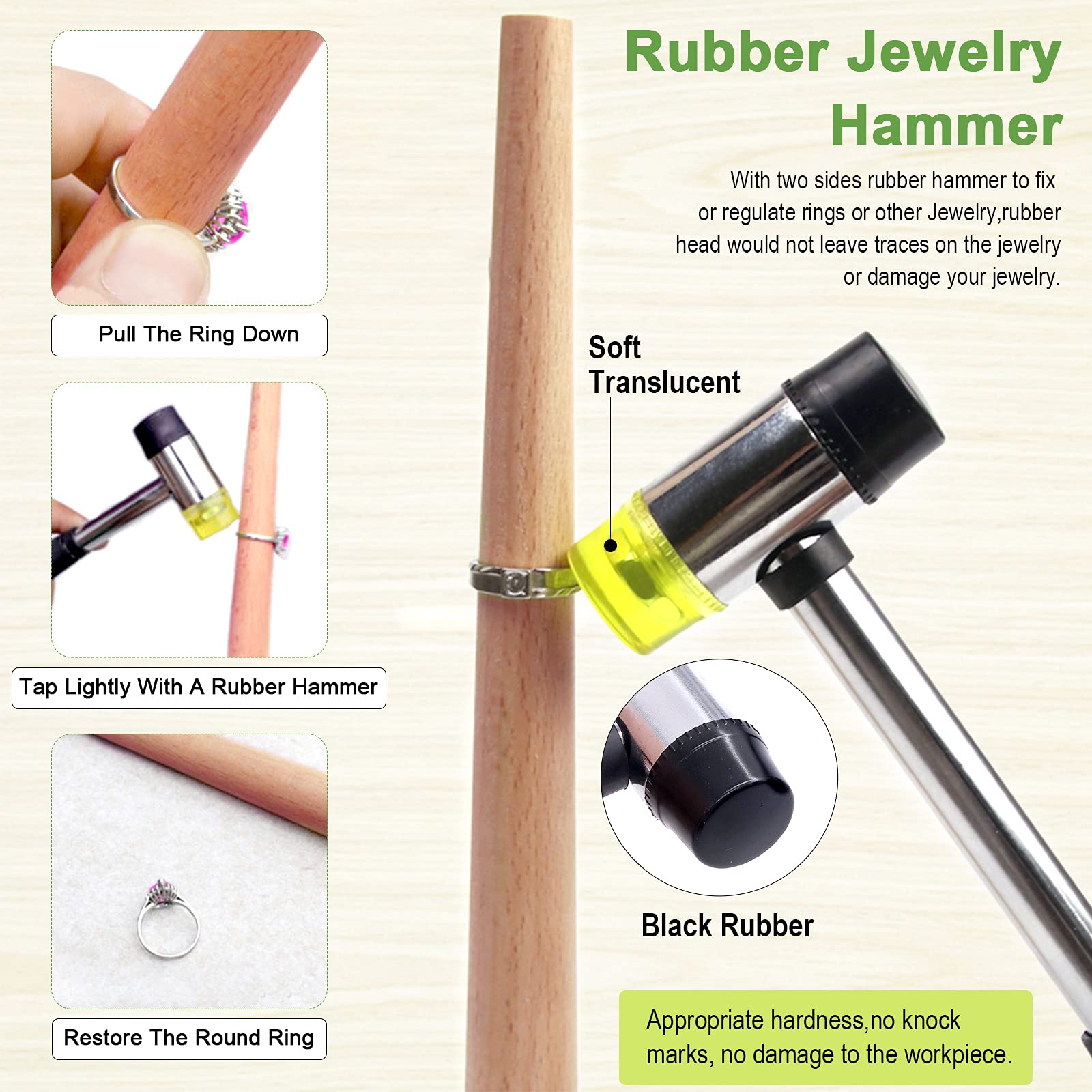 Keadic Lot 9 Outils Mesure et Ajustage Bague, Mandrin Métal et Bois, Marteau Caoutchouc, Jauge Taille Bague, Kit Complet pour Fabrication Bijoux DIY