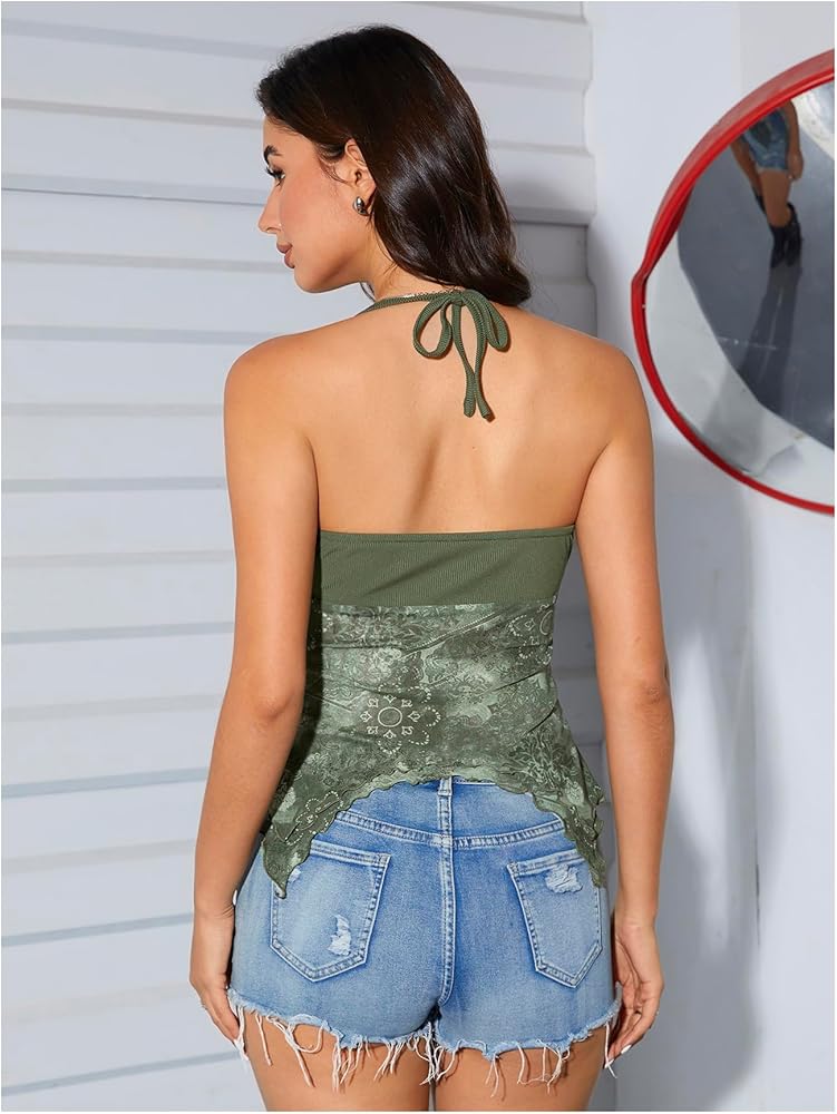 meltthelady ♡contrast knot tops OYOANGLE Women's Floral Print Contrast Lace Tie Backless Halter