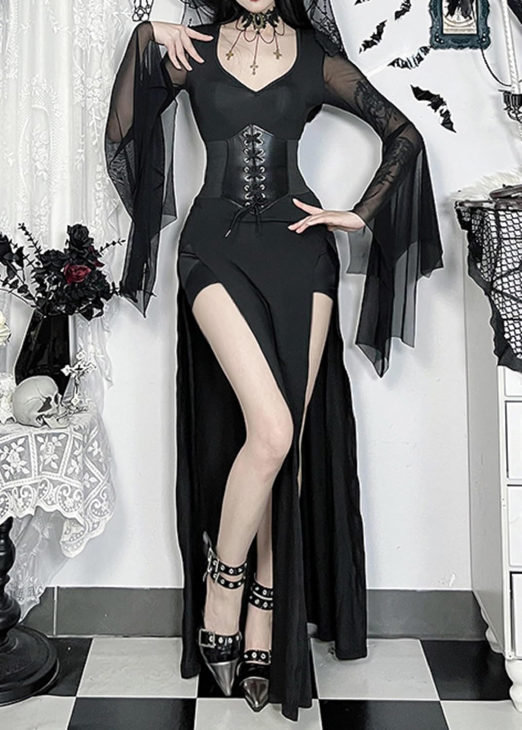 TSMNZMU Gothic Maxi Dress Two Piece Sets Corset Dresses Lace Long Sleeve Punk Grunge Dress Sexy Hight Split Long Dresses - Image 3