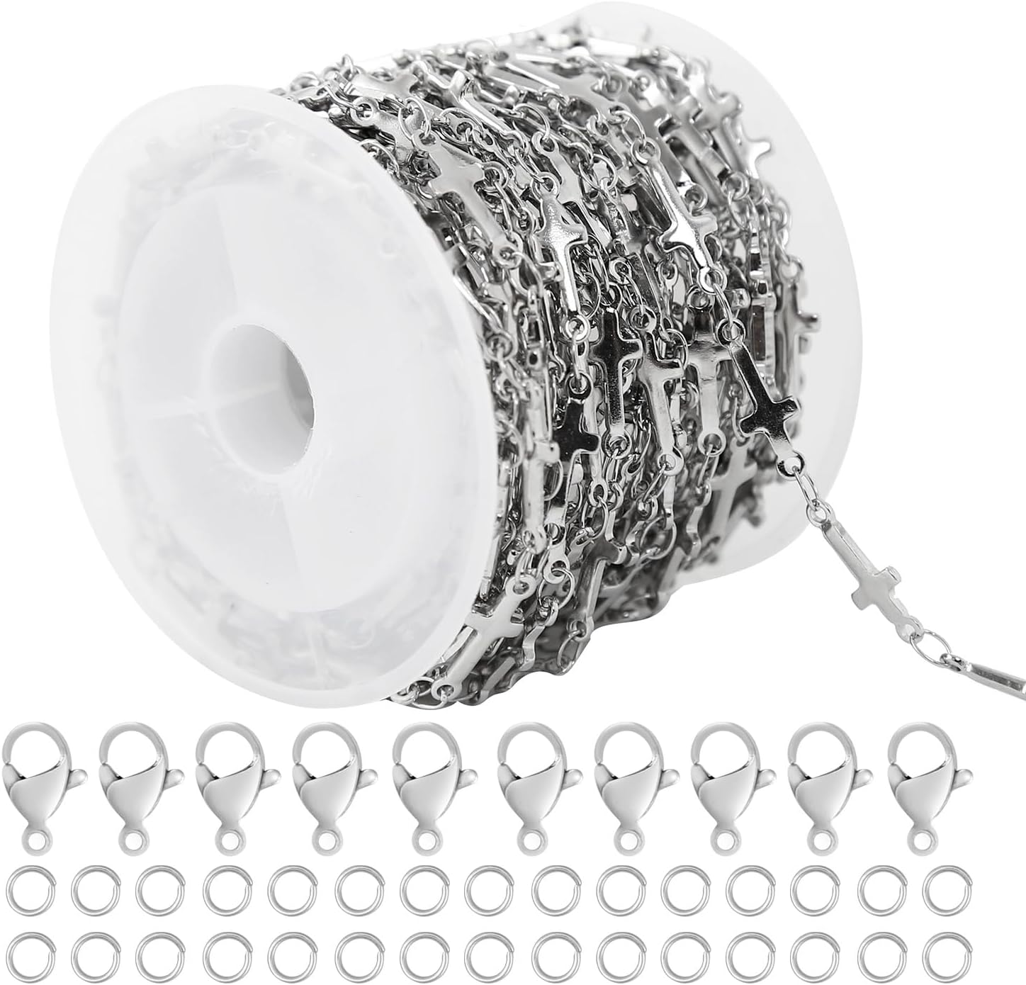 5 Meters Stainless Steel Cross Link Chains in Bulk for DIY Men Women Jewelry Making with Lobster Clasps, Jump Rings (Silver)