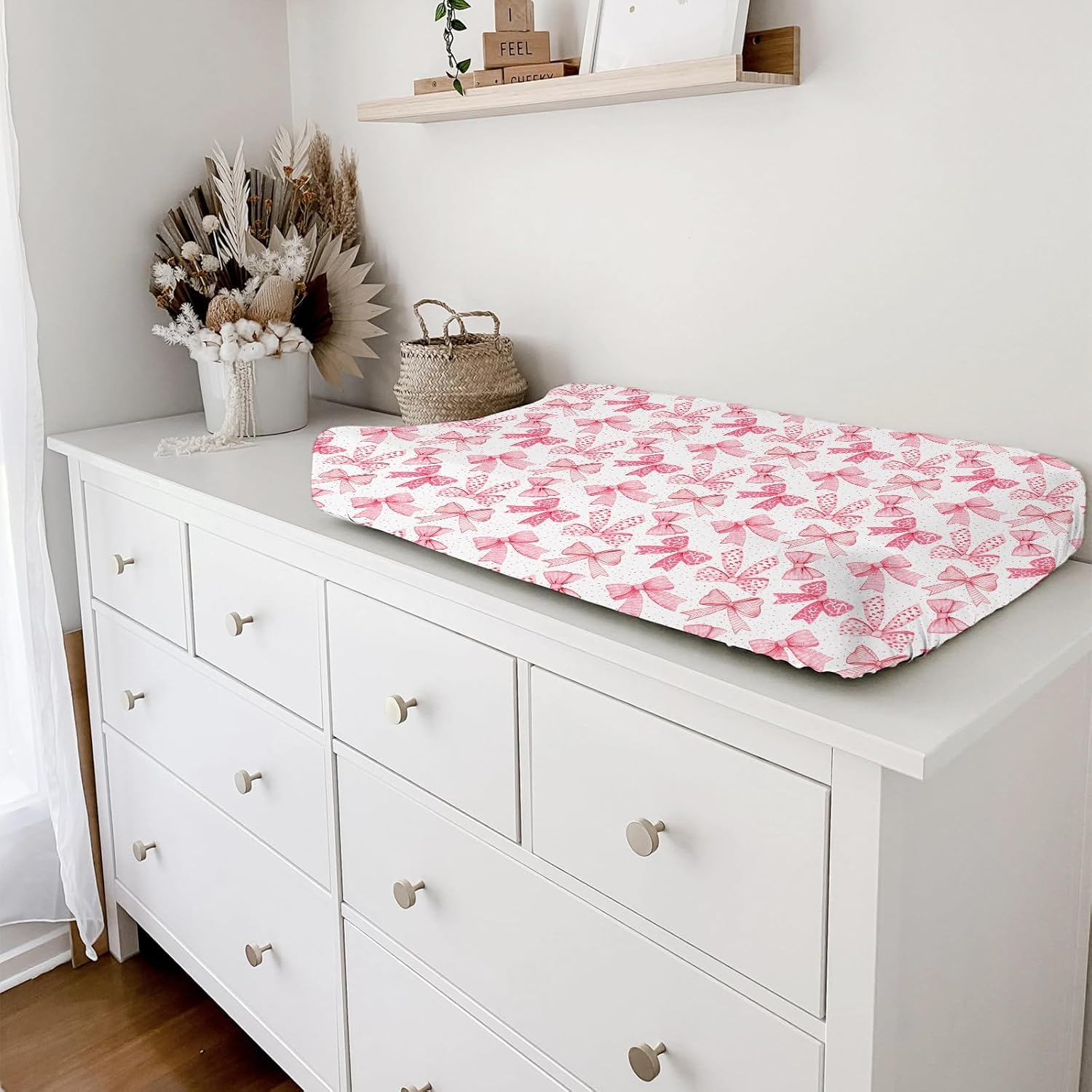 Pink Valentine's Bows Baby Changing Pad Covers for Girls 32''x16'' Girly Pink Hair Bows Fitted Diaper Change Table Pad Mats Valentine Hearts Love Soft Breathable Nursery Cradle & Bassinet Sheets Pink