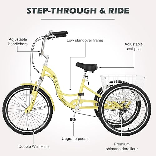 Vista 115 de H&ZT Triciclo para adultos, bicicleta de 3 ruedas, triciclo crucero, con engranaje de 7 velocidades, mango de freno de estacionamiento, escalón