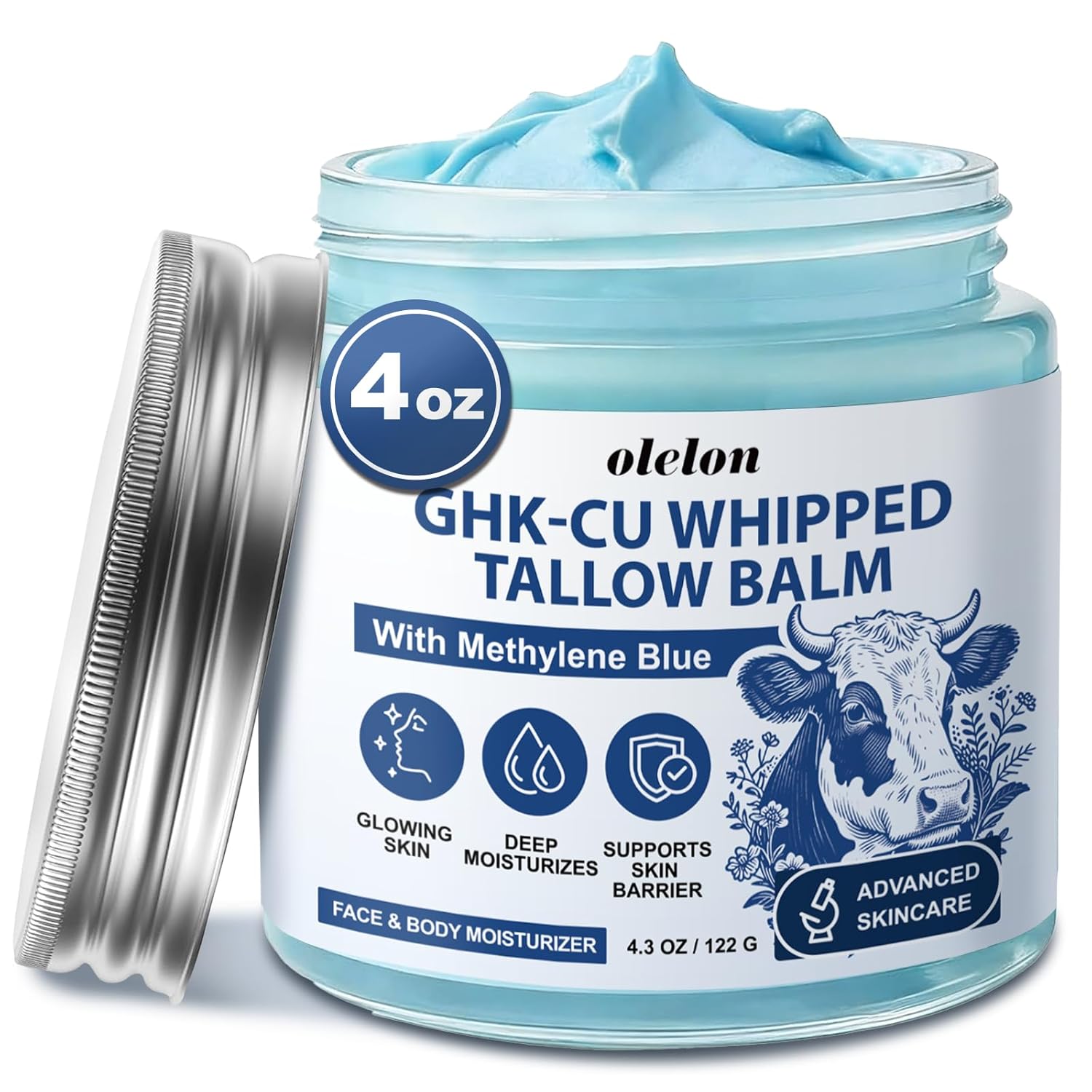 25,000ppm GHK-Cu Peptides Cream for Face & Body: Beef Tallow Balm with Copper Peptides, Methylene Blue, Manuka Honey & Vitamin E - Natural Anti-Aging Moisturizer for Mature, Dry & Sensitive Skin - 4oz