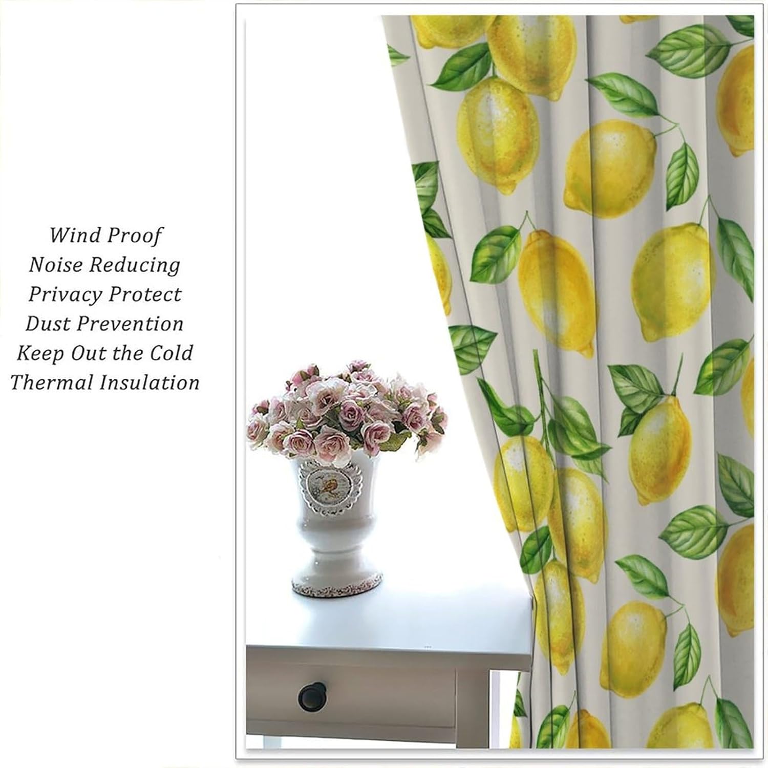 Yellow Lemon Fruit Curtains, Spring Country Farmhouse Rustic Nature Fruit Leaves Print for Room Window Decor, Rod Pocket Blackout Drapes for Living Room Bedroom Kitchen 2 Panel Set 21"W X 54"L
