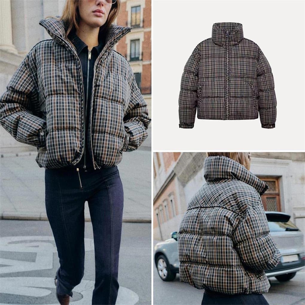 Women's Plaid Stand Collar Coat Winter Commute Long Zipper Closure Warm Outerwear