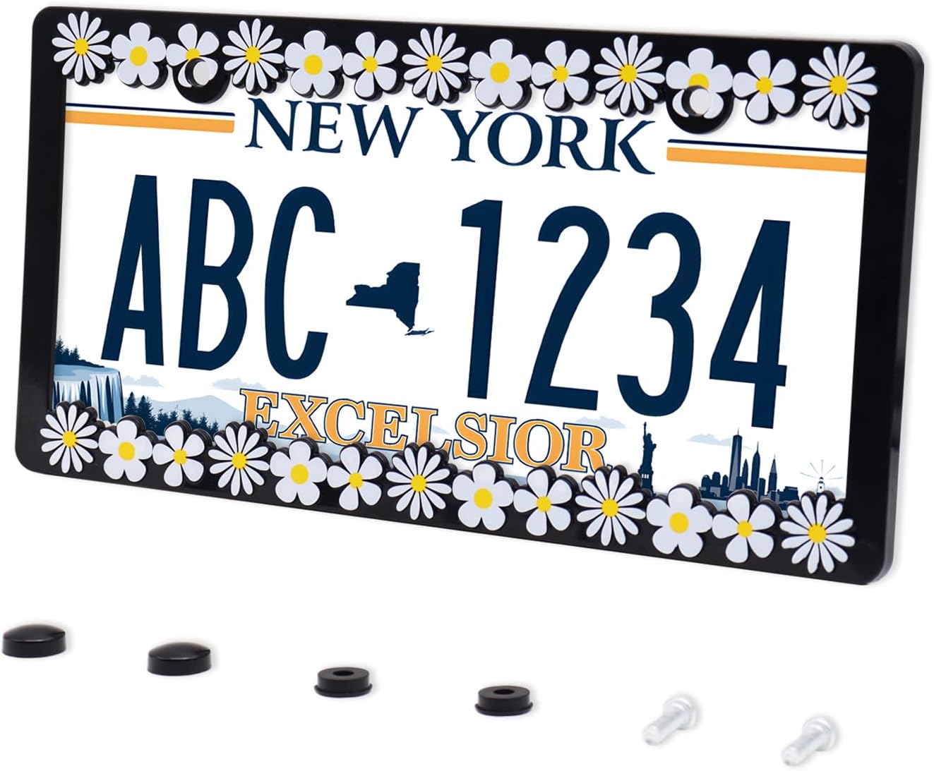 3D Daisy License Plate Frame Holder,Universal 2 Holes Flower Plate Frame Holder with Free Screws Fasteners Caps, Cute Girly Car Accessories for Women image 3