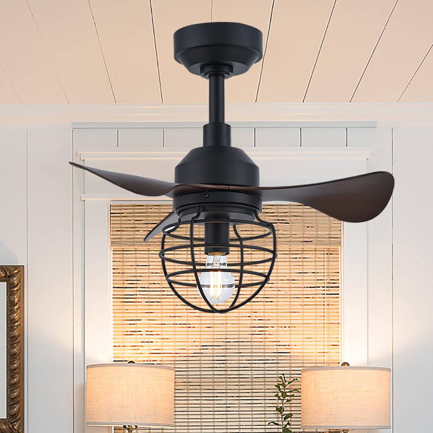 YUEGOO Ceiling Fans with Lamps,Industrial Ceiling Fans with Lamps Dc Reversible 6 Speed Black Fan Light Ceiling Silent Vintage Grain 3 Fan Blade Ceiling Fans with Lights for Bedroom Living Room/Black/