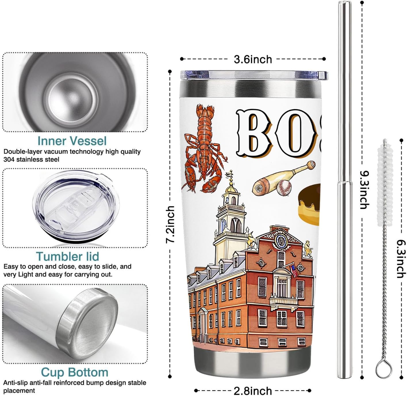 City Tumbler for City Lover,20oz Double Wall Vacuum Insulated Stainless Steel Coffee Cups (Boston) - Image 7