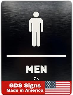Men Bathroom Sign by GDS - ADA Compliant, Wheelchair Accessible, Raised Icons, & Grade 2 Braille - Includes Adhesive Strips for Easy Installation - Bathroom Signs for Business, Restroom Sign, Restroom Signs for Business - 6" W x 8" H (Brushed Black) - Made in USA