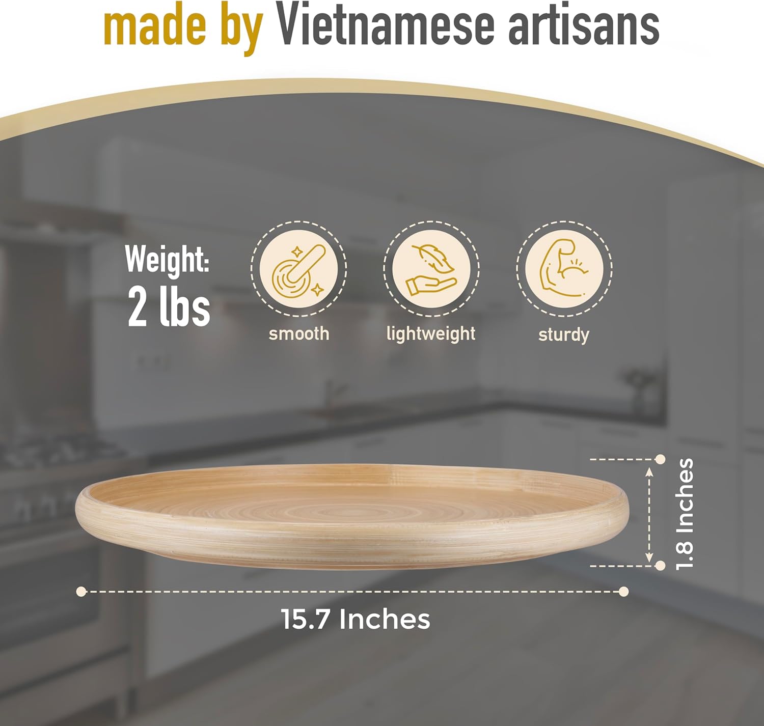 LEXA 15.7" Bamboo Round Serving Tray – Large Handcrafted Wooden Tray for Food, Ottoman, Coffee Table, Kitchen, Charcuterie, or Home Décor, Natural