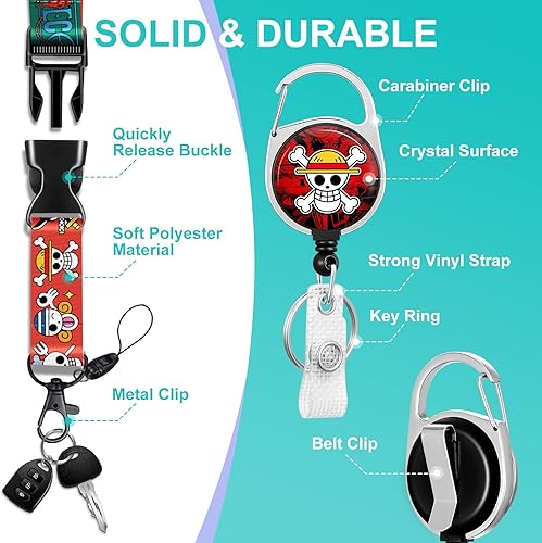 Miniatura 4 de Akkya Soporte para credencial de identificación con cordón y clip retráctil para cinturón, lindo y divertido animé de dibujos animados de calavera,