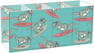 Joisal Cool Dino Green Pen and Pencil Holder | Clear Acrylic Desk Organizer with Four Compartments; Organizes Pens, Markers, Brushes, and Tools