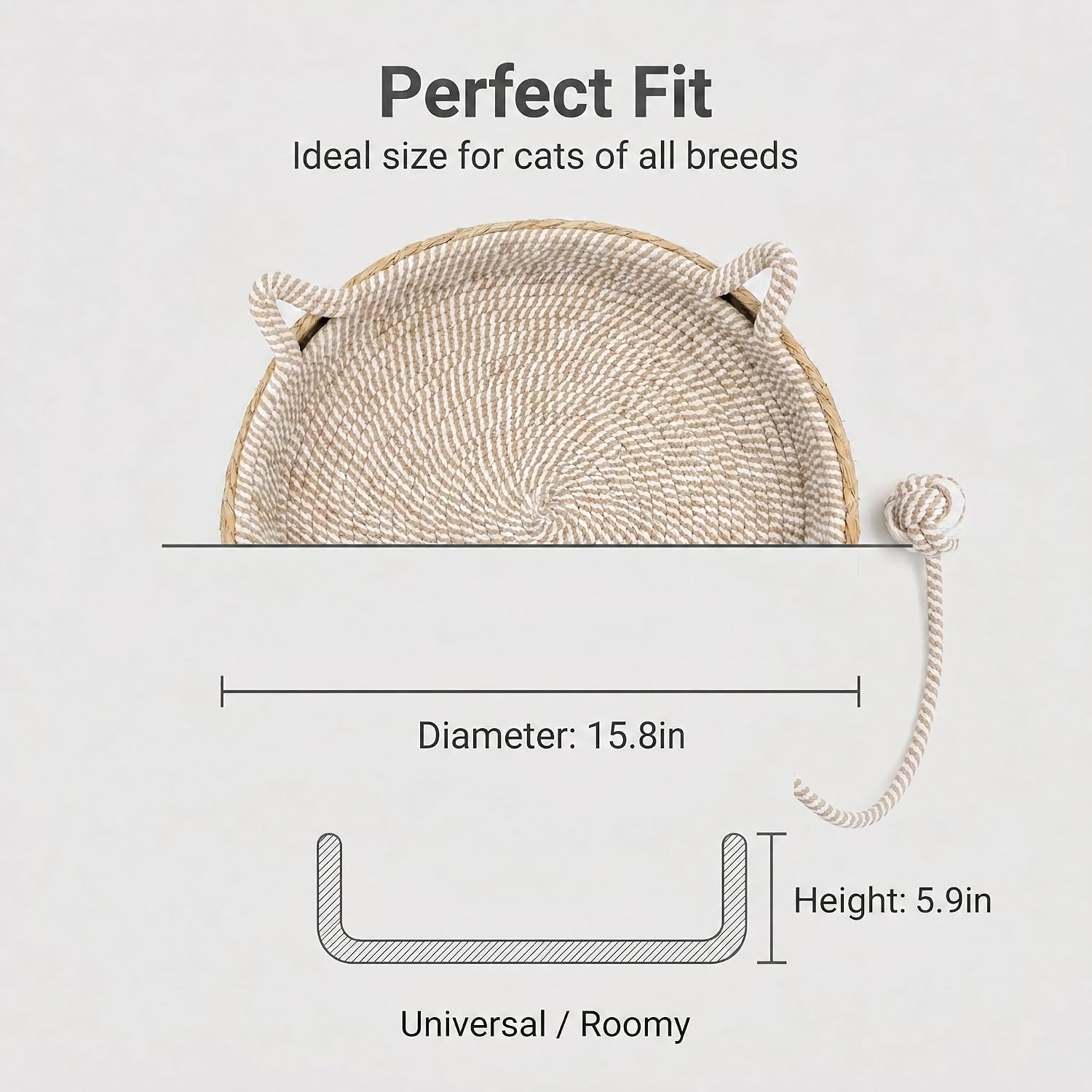 Handwoven Cat Basket Basket with Cotton Rope Liner Cat Ear Design Round Cat Scratcher Bed with Interactive Toy Ball Breathable All Season Scratch-Resistant Woven Cat Bed for Indoor Cats All Breeds