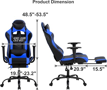 Ergonomic Gaming Chair with Lumbar Support and Foot Rest - Reclining PC Chair for Adults - Blue PU Leather