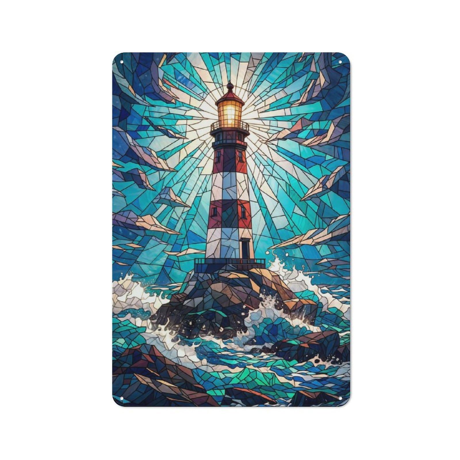 Junmoney Style-19 Rustic Lighthouse Stained Glass Tin Wall Sign 30X20cm, Kitchen Wall Decor For Bakery, Diner, Cafe Or Family Room