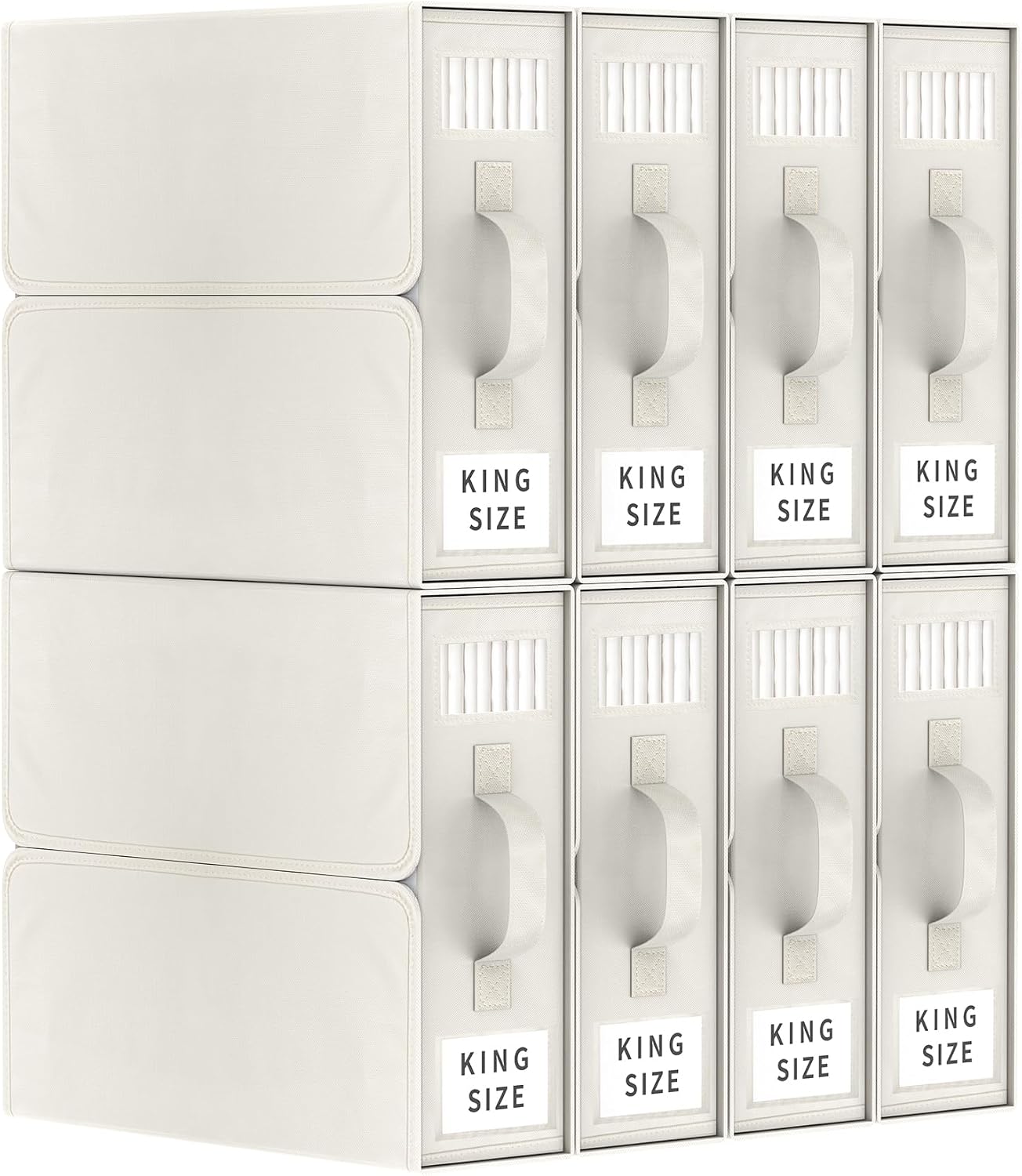 Bed Sheet Organizers and Storage Foldable Bedding Sheets Box Set for Linen Closet Under bed with Handle Window (Beige, 8 Pack)
