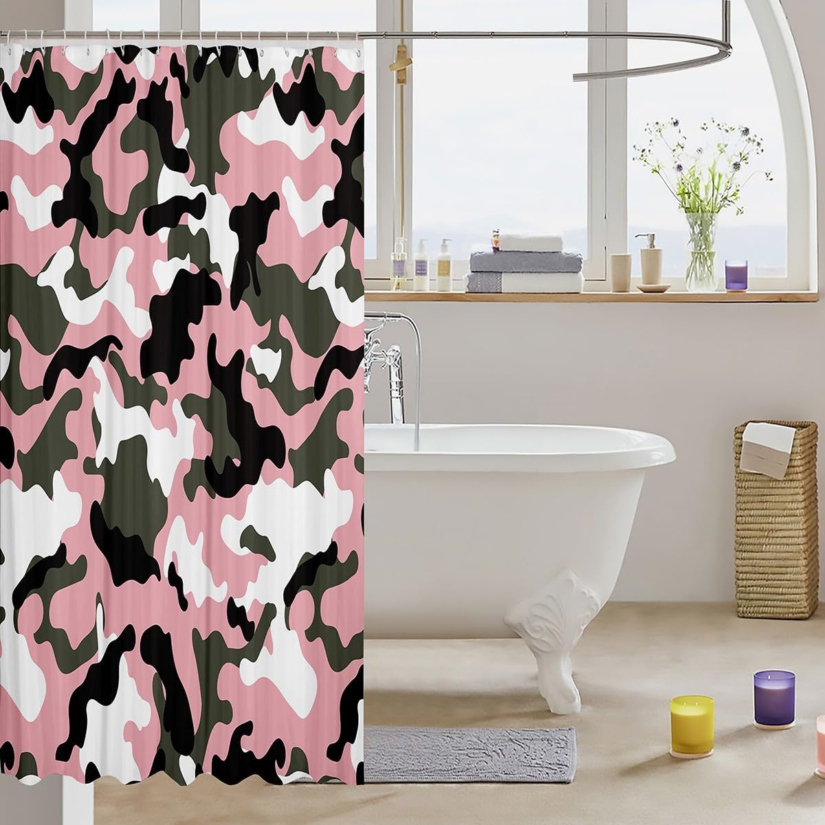 Army Camo Shower Curtain Pink Green White Camouflage Bathroom Curtain for Kids Girls Boys Teens Bathtub Decor Soft Microfiber Waterproof Curtain Modern Fashion Bath Curtain,12 Hooks,72"Wx78"L