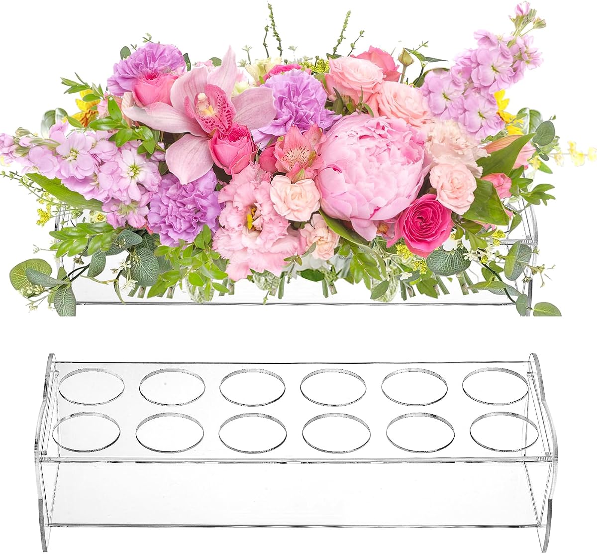 2 Pack Acrylic Flower Vase Rectangular, 12 x 4 Inch Long Low Clear Flower Vases with 12 Holes for Floral Arrangement, Home Office Wedding Party Table Centerpieces Decor