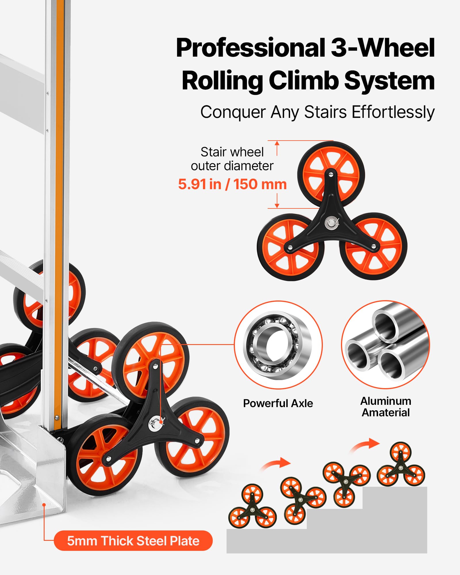 VEVOR Carrello Saliscale Capacità di Salita Scale 150 kg, Carrello Pieghevole in Lega di Alluminio con Maniglia Telescopica, 6 Ruote e 2 Corde Elastiche, per Casa, Generi Alimentari, Magazzino