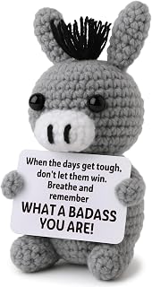 Funny Positive Badass Donkey Crochet Plush, Christmas Stocking Stuffer Motivational Gift for Coworkers, Best Friends – Emotional Uplifting Support Small Cute Crochet Stuffed Animals for Women Men