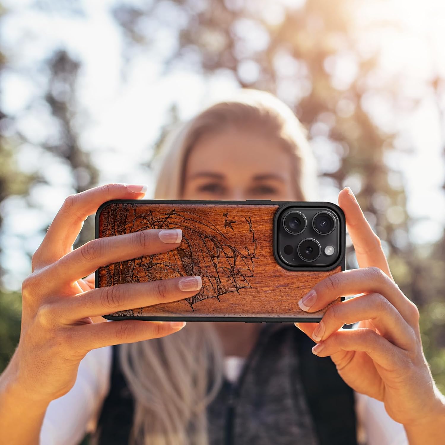 Carveit Magnetic Wooden Case for iPhone 16 Pro Max Case, Wood Artisan Engraved & Black Soft TPU Shockproof Cover, Compatible with MagSafe Wireless Chargers (Sailboats on The Waves) Rosy