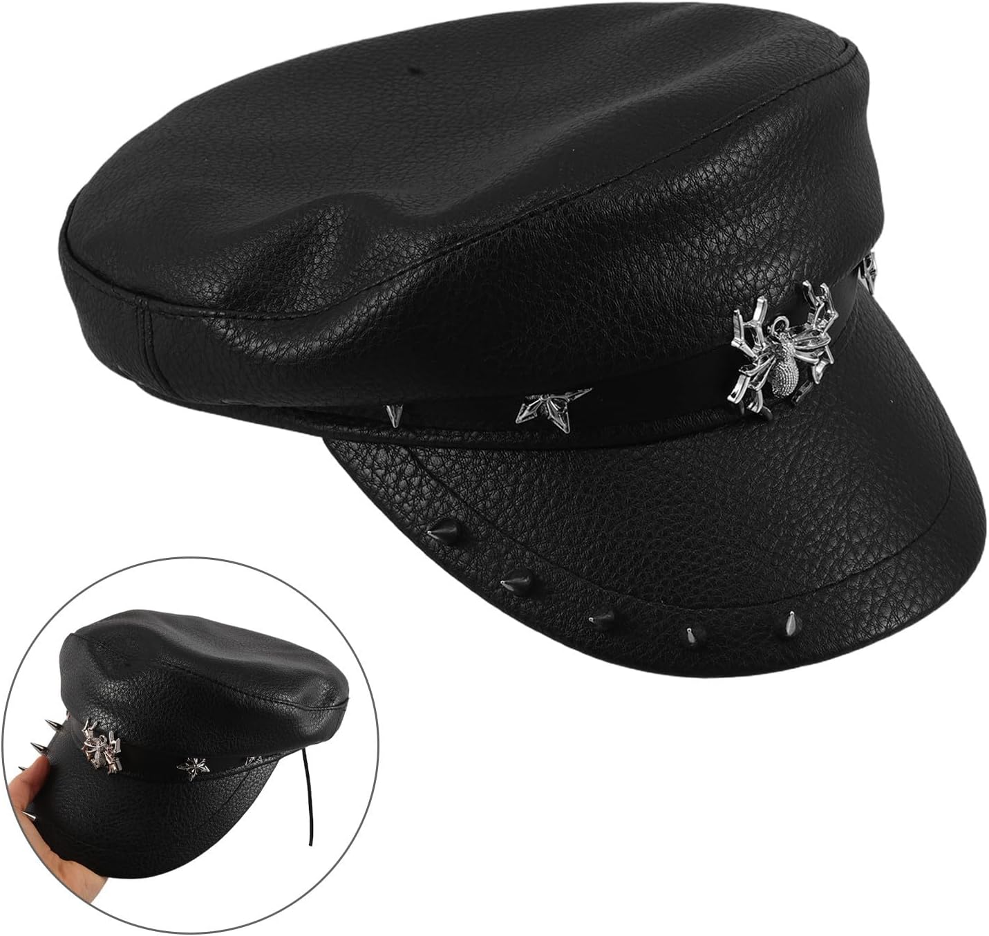 Black Captain Hat Breathable Pu and Polyester Material with Wide Brim and Flat Top Comfortable Retro Style Women for Party Outfits and Outdoor Activities