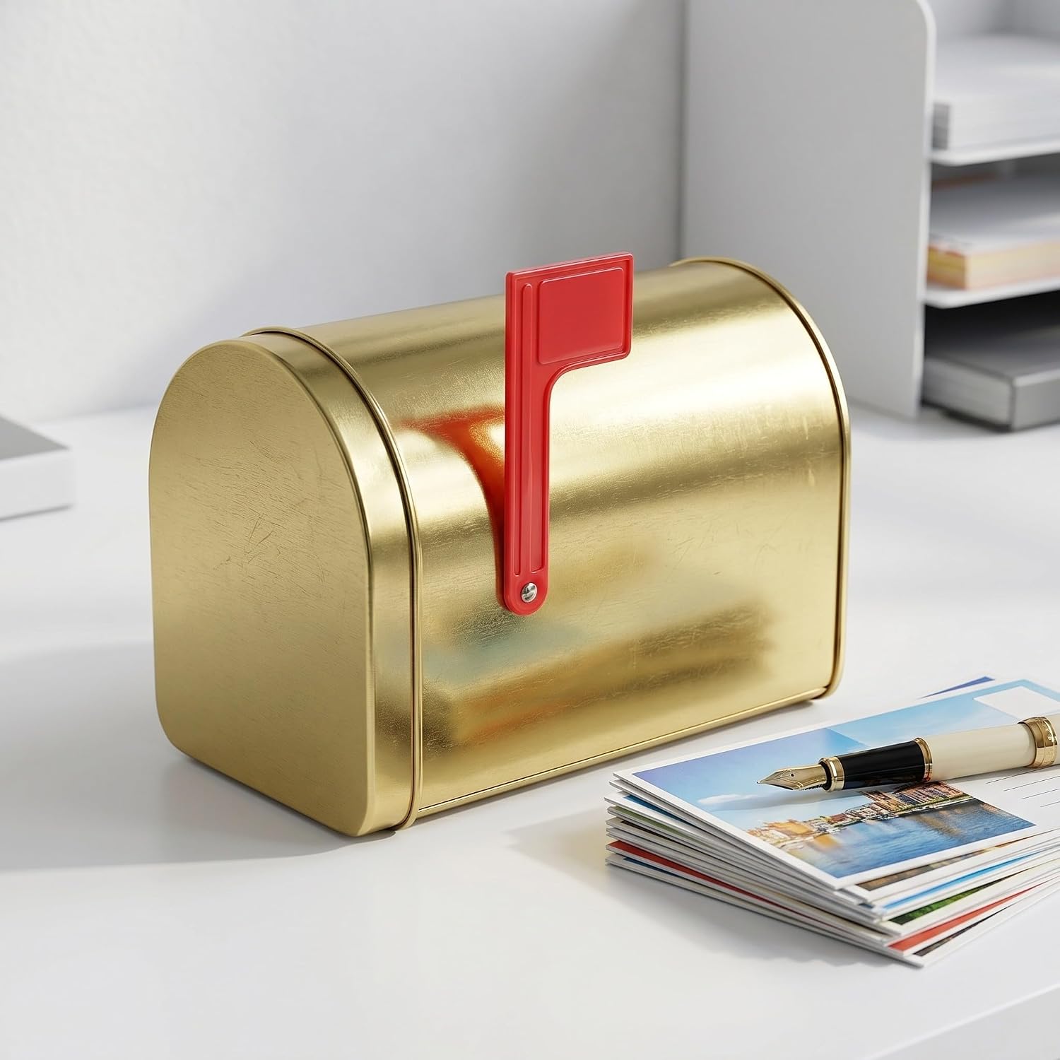 Golden Tinplate Mailbox Stable and Portable and Smooth Latch Coin Bank with Raised Signal Flag Decorative Post Box Shaped Keepsake for DIY Projects and Events