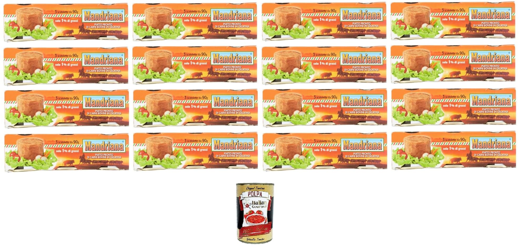 Mandriana, Piatto Pronto di Carne Bovina in gelatina Fertiggericht aus Rindfleisch in Gelee 16x270gr (3x90gr)+ Italian Gourmet polpa 400g