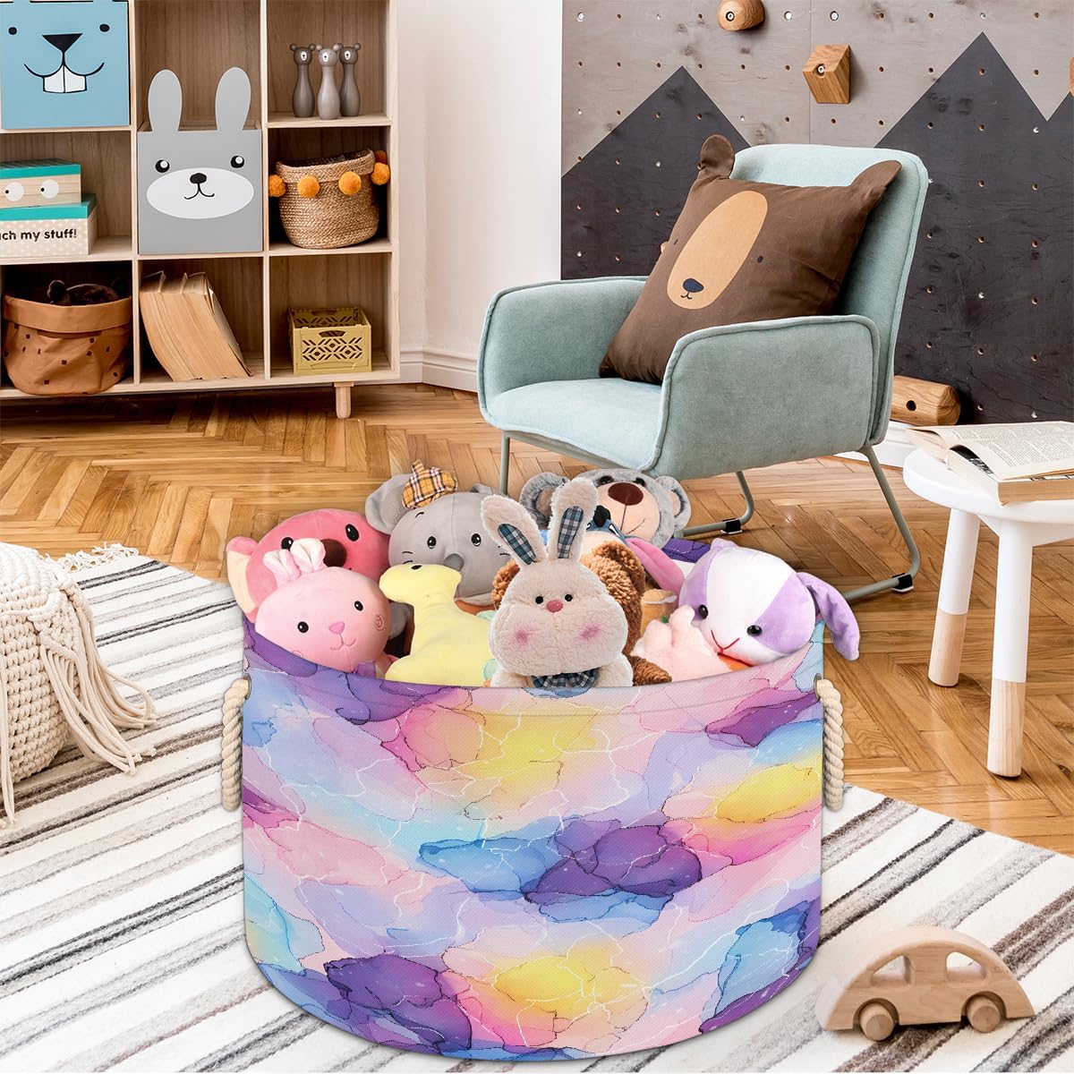 Large Storage Baskets - Rainbow Watercolor Blot Nursery Round Collapsible Organizer Bin Box, Laundry Hamper for Kids Toys, Blanket, Bedroom Living Room Home Decor, Gift Basket, 19.4"x13.3"