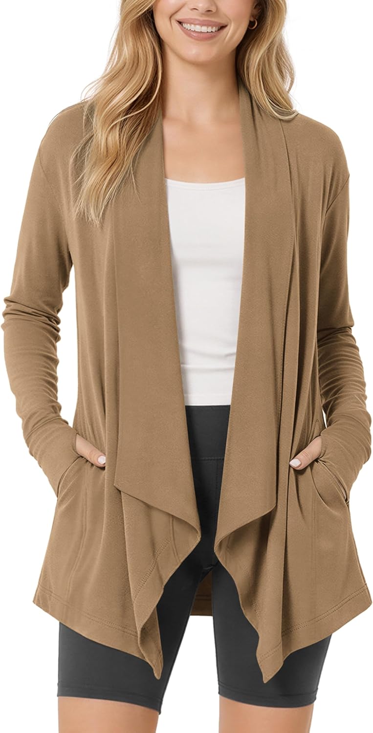 ODODOS Women's Drape Open Front Cardigans Cozy Soft Long Sleeve Casual Wrap Outerwear with Pockets Thumb Hole