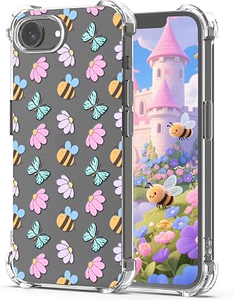 Clear Case for iPhone 16e Cute Bee Floral Daisy, White Flower Pattern Design Girls Soft TPU Protective Shockproof Mobile Phone Case for iPhone 16e Women