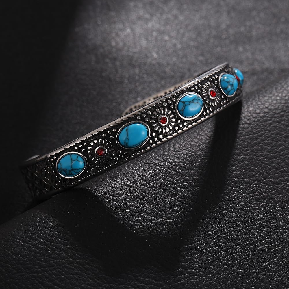 TURTLEDOVE Silver Western Turquoise Bracelet, Retro Navajo Cuff Stainless Steel, Turquoise Stone and Red Crystal Inlay Bangle