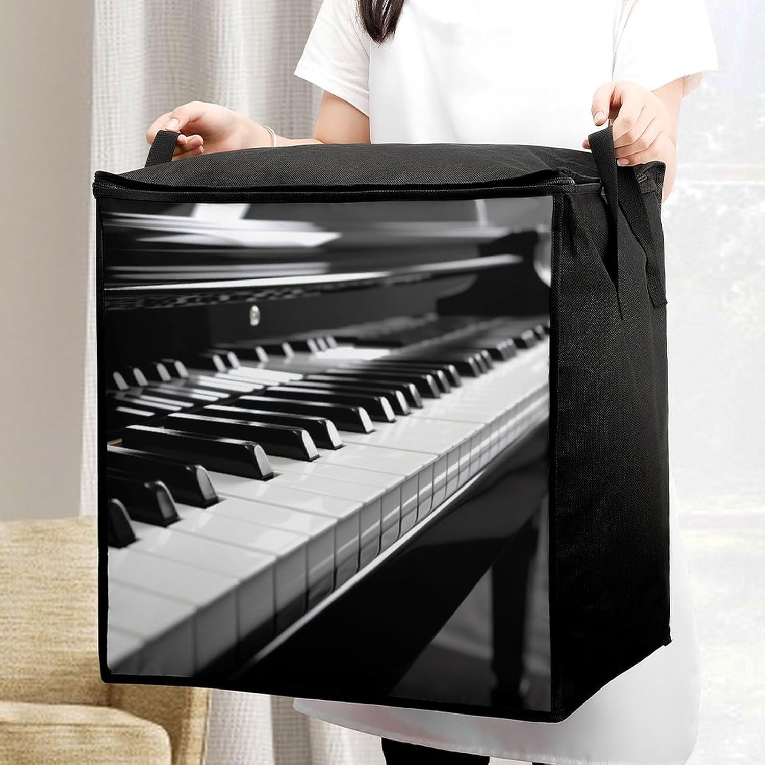 Quilt Storage Bag,Black White Piano Keyboard Printed Large Foldable Storage Container Portable Travel Storage Bag for Blankets, Quilts, Clothes, Comforter, Bedding And Pillows