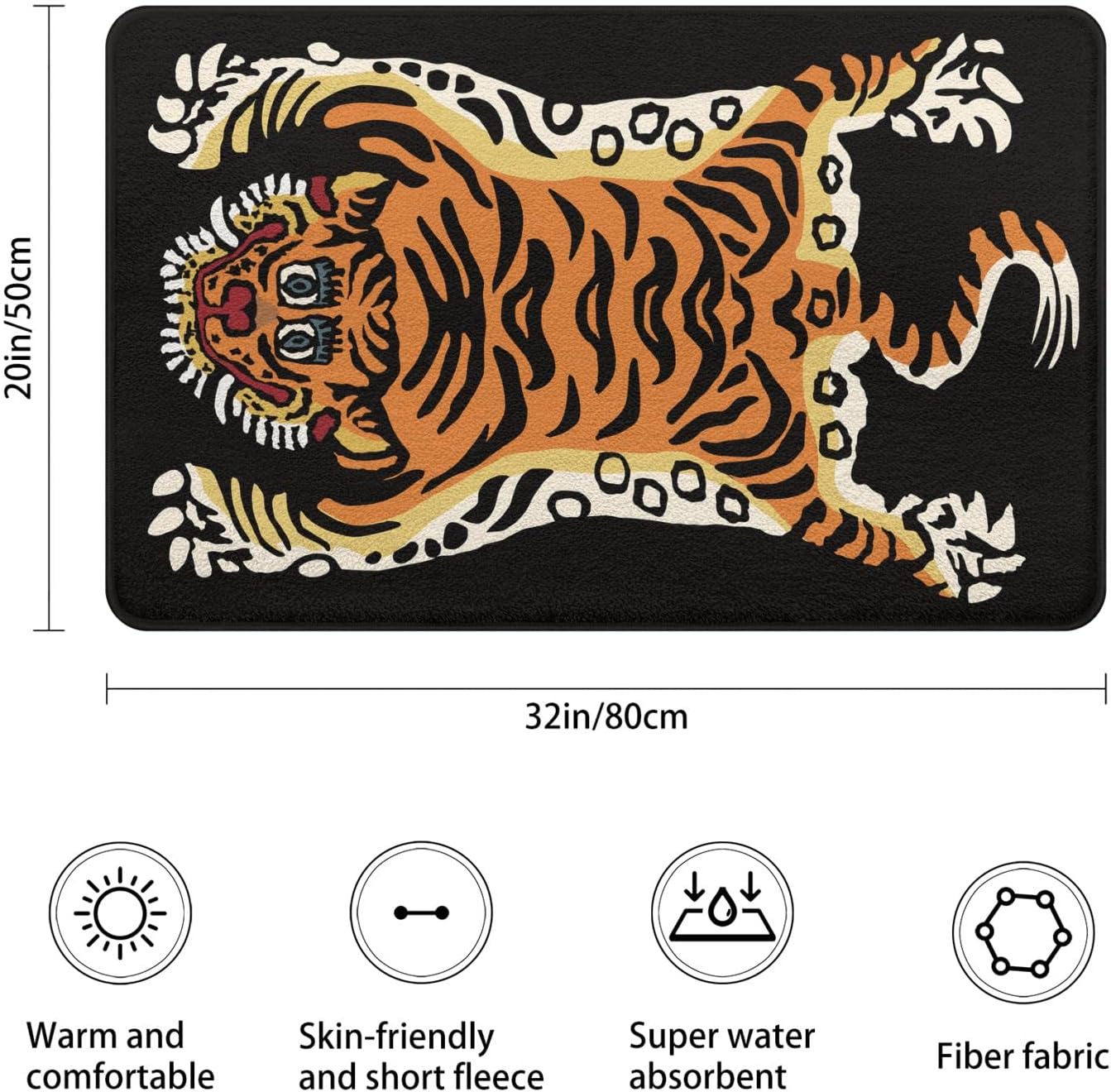 Tiger Bath Mat Imitation Cashmere Cute Funny Bathroom Rug - Rubber Non-Slip Super Absorbent Thin Bath Rug for Tub Shower Sinks Home Decor (20" L x 32" W)