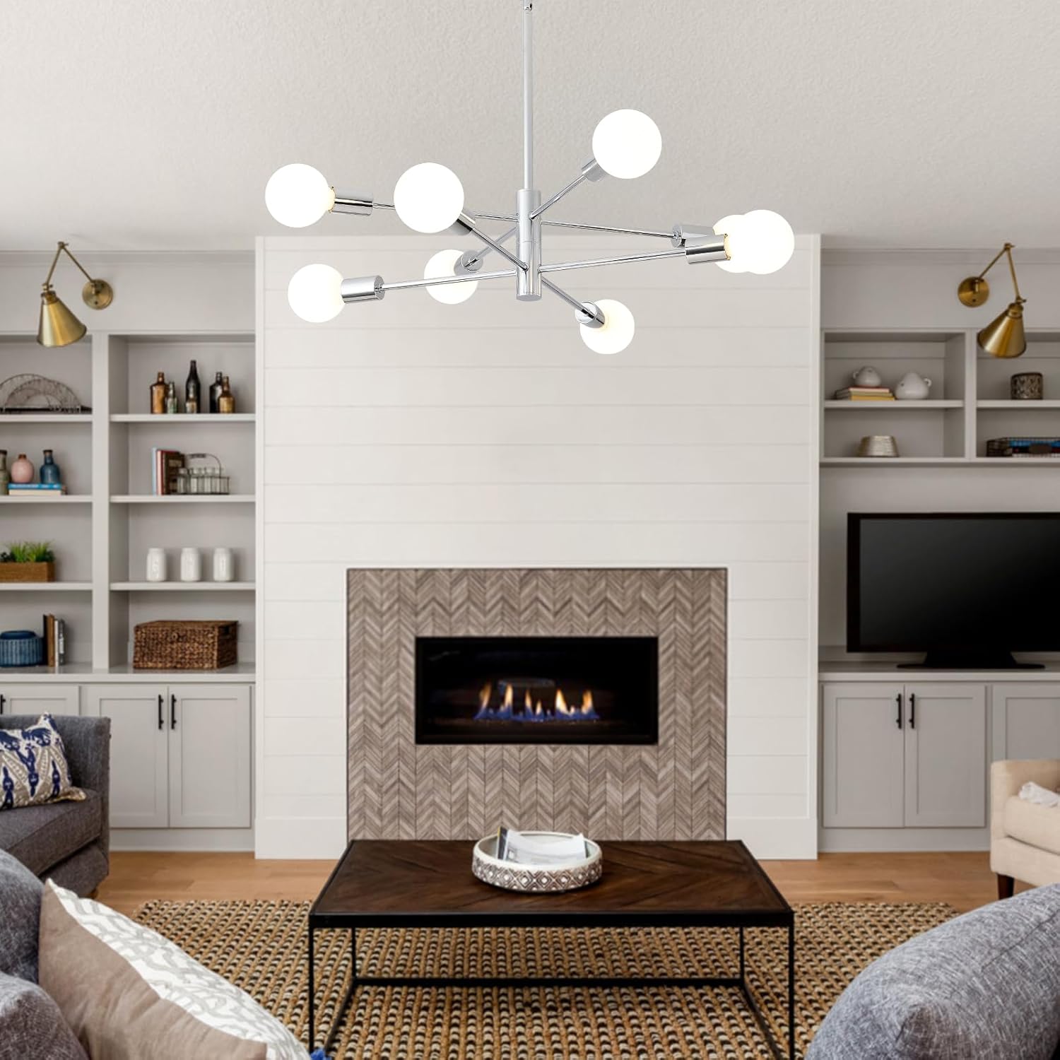 HHR Modern Sputnik Light Fixture, 8-Light Chrome Mid Century Ceiling Chandelier, Height Adjustable Farmhouse Chandeliers for Living Dining Room Kitchen Island Over Table