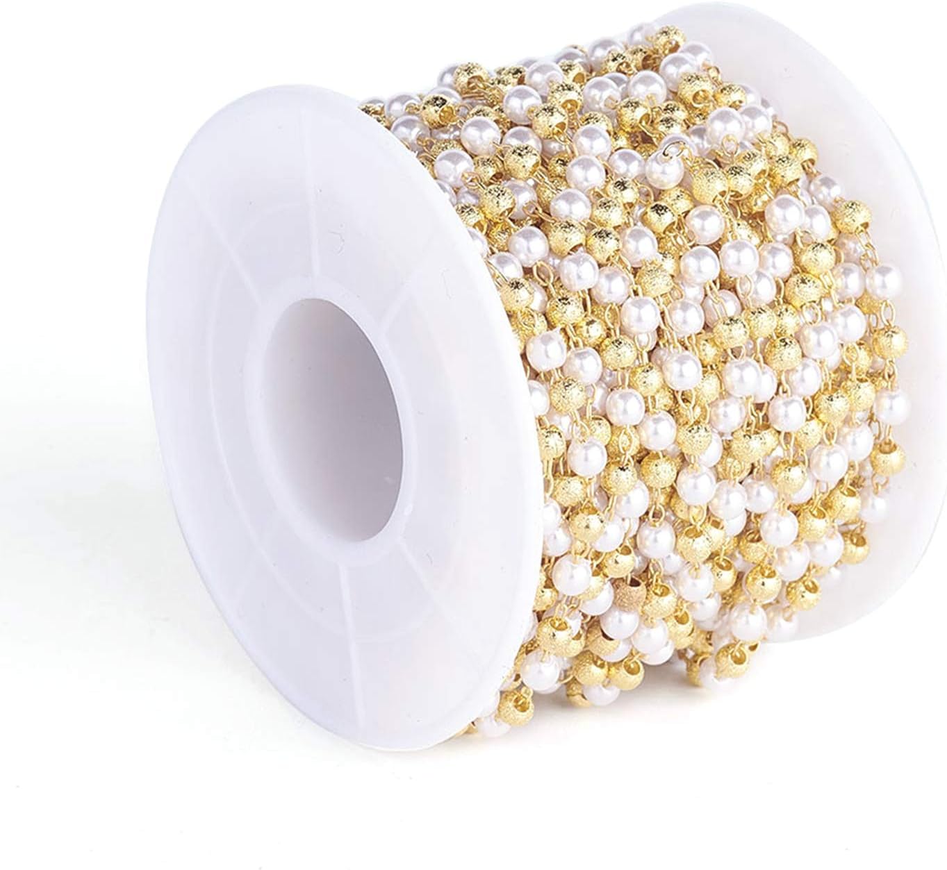 Craftdady 32 Feet Handmade Acrylic Pearl Golden Beaded Ball Chain Round Bead Link Chain Soldered with Spool for Pendant Necklace Bracelet Earring Jewelry Craft Making