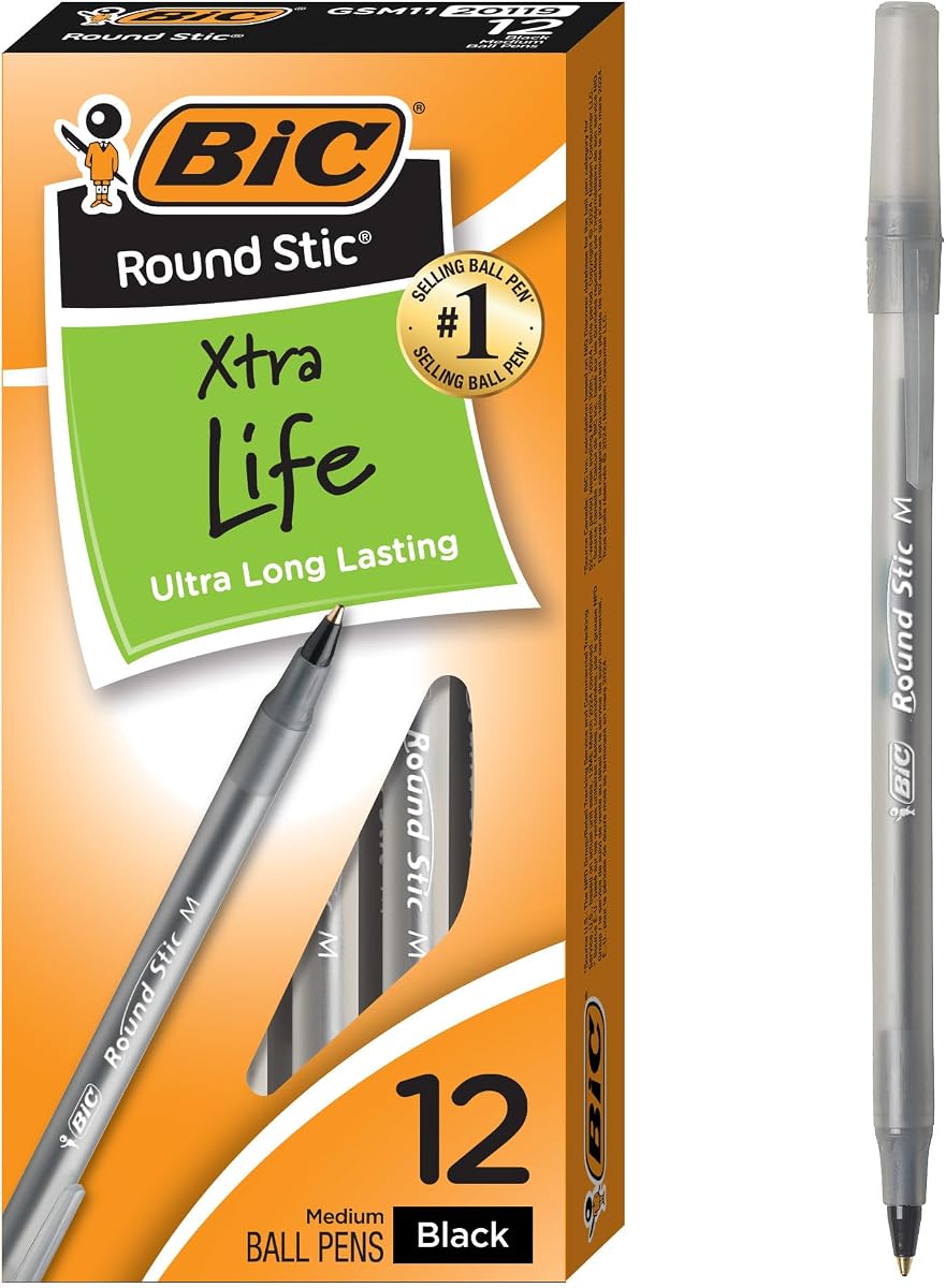 BIC Round Stic Xtra Life Black Ballpoint Pens, 12-Count, 1.0mm Medium Point | Xtra Life Ink for Extended Writing, Flexible Round Barrel for Comfort, No. 1 Selling Ballpoint Pens, Bulk Pack of Pens