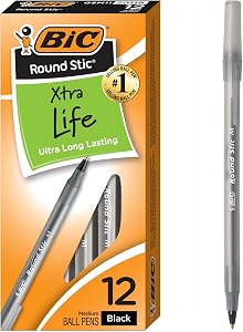 BIC Round Stic Extra Value Black Ballpoint Pens, Medium Point (1.0 mm), 12-Count Pack of Bulk Pens, Flexible Round Barrel for Writing Comfort