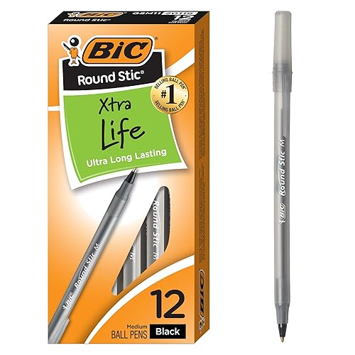 BIC Round Stic Extra Value Black Ballpoint Pens, Medium Point (1.0 mm), 12-Count Pack of Bulk Pens, Flexible Round Barrel for Writing Comfort - Black - 12 Count - Single