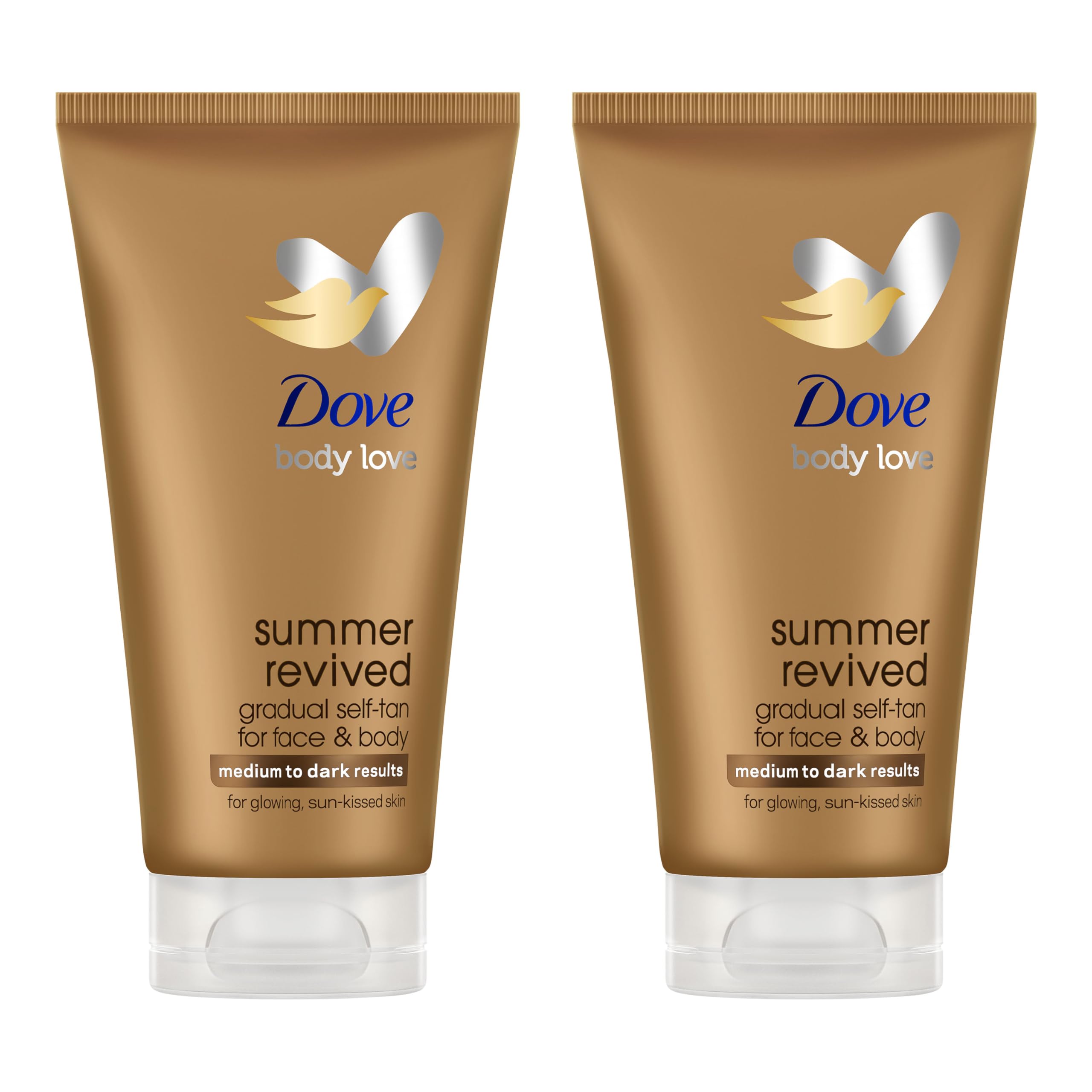 Dove Summer Revived średni do ciemnego stopniowy balsam do opalania twarzy i ciała z aloesem i gliceryną dla stopniowej, muśniętej słońcem opalenizny i jedwabiście miękkiej skóry, 2x 75 ml