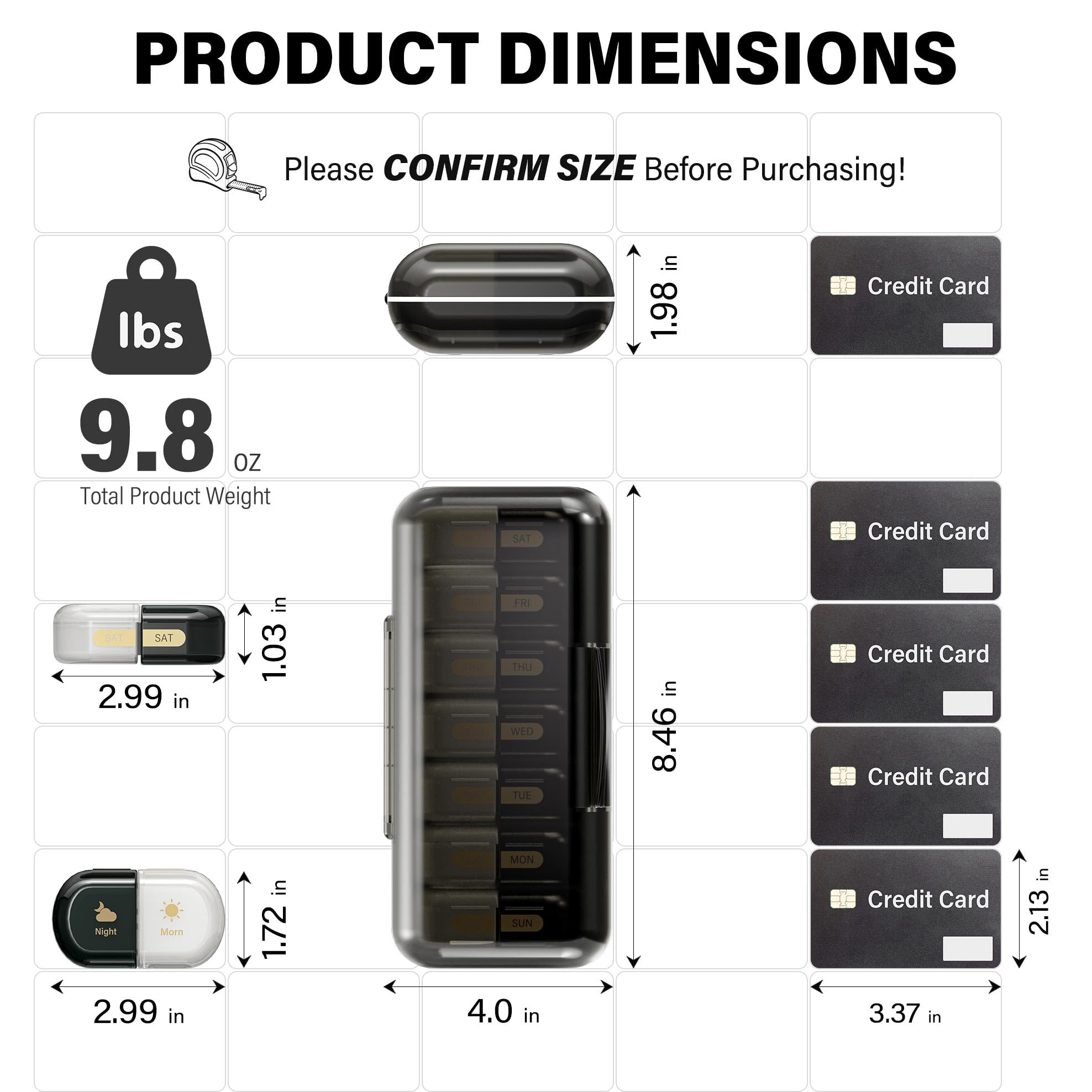 Tablettenbox 7 Tage Morgens & Abends – 2 Fächer pro Tag, Abnehmbar – AM/PM Pillendose für präzise Medikamentenorganisation (2x7 Schwarz+Weiß)