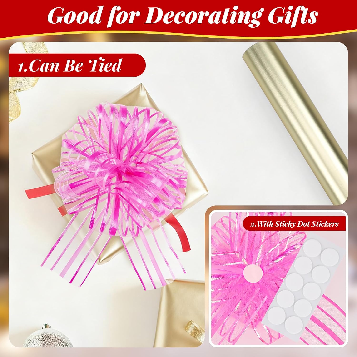 EUSOAR Pull Bow, 6pcs 6" Pink Organza Large Bows Ribbon for Gift Wrapping, Baskets Flower Gift Boxes Wrap Bows for Wedding Christmas Birthday Party Presents Decorations Valentine Holiday Anniversary