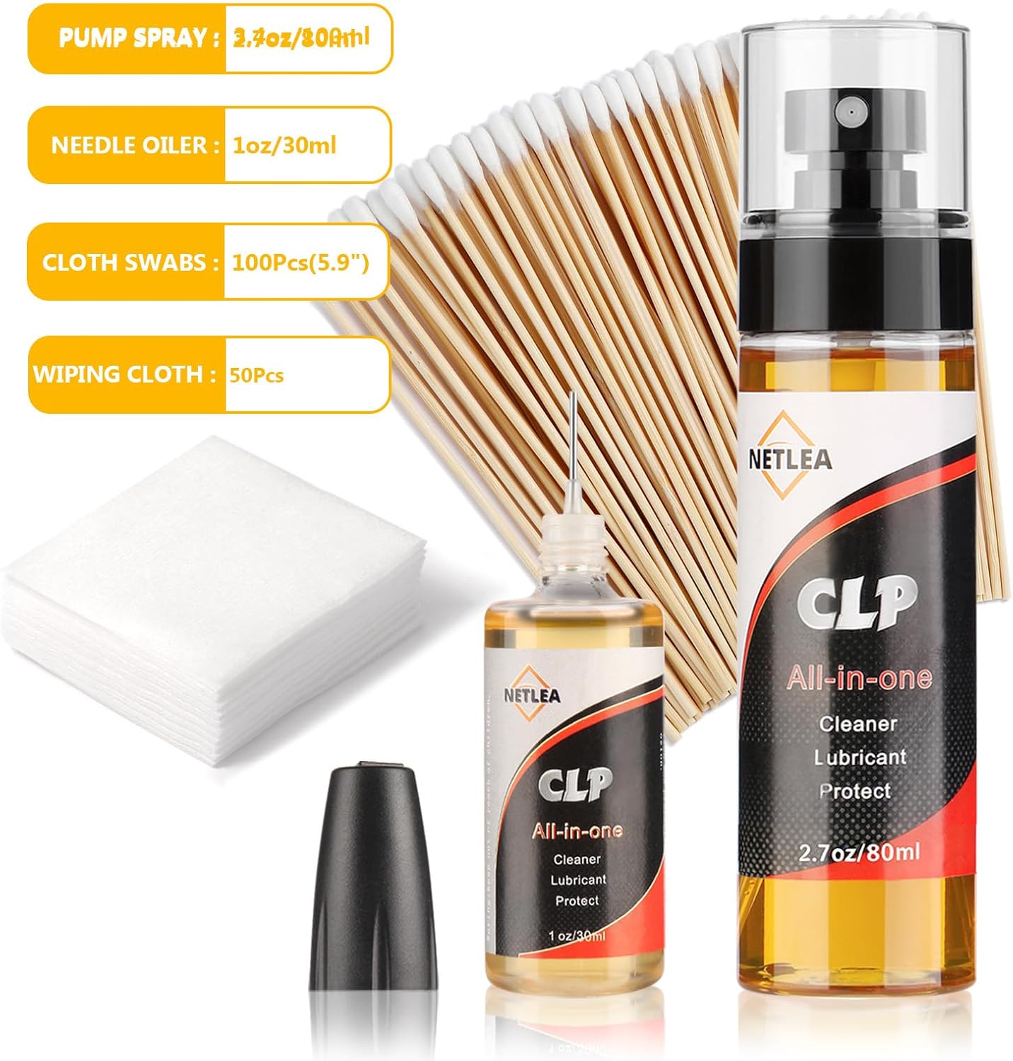 3.7oz CLP Gun Cleaning Oil Needle Oiler & Gun Cleaner and Oil Spray Includes Reusable Cloth Swabs and Patches for Firearm Maintenance, Rust Prevention