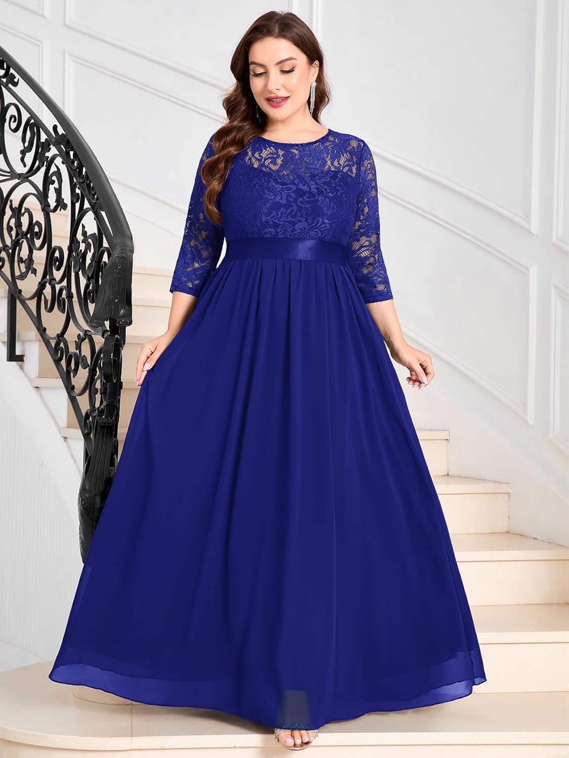 CYCLAMEN Plus Size Formal Lace Chiffon Dress Elegant 3/4 Sleeves Maxi Evening Gown Wedding Bridesmaid Party Dresses - Image 3