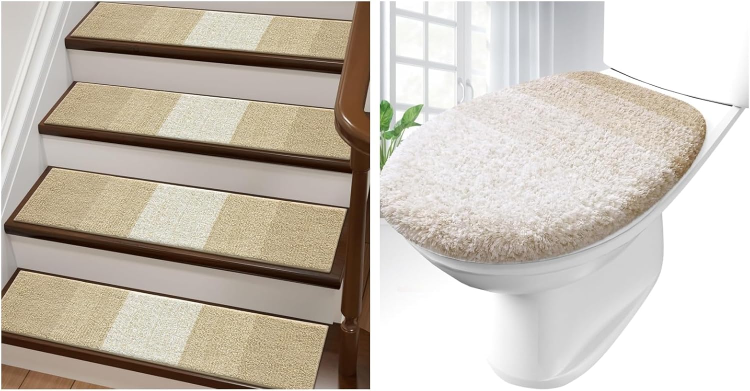 OLANLY Stair Treads for Wooden Steps in Beige and Light Beige Microfiber Bathroom Toilet Lid Cover, 2 Item Bundle