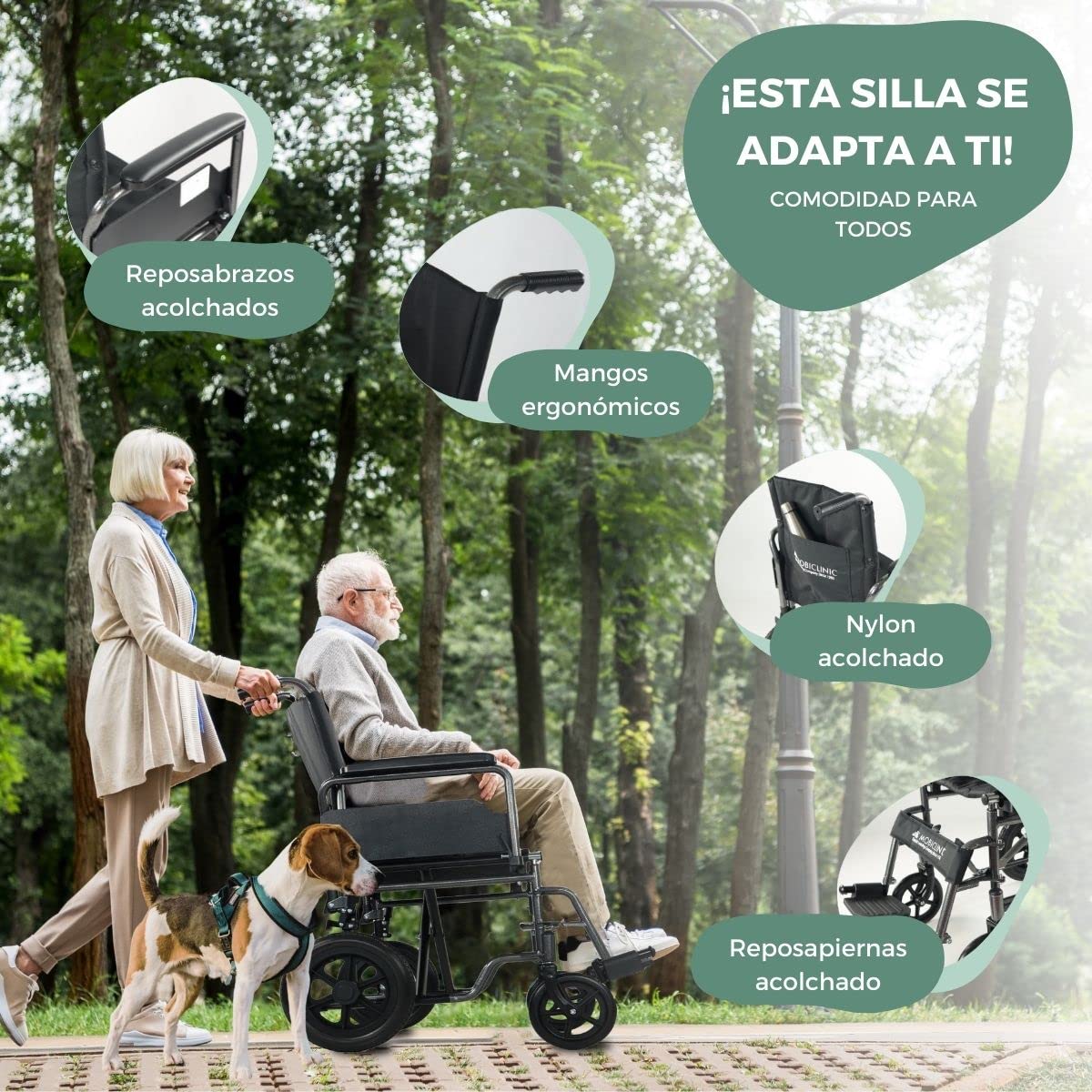 Mobiclinic®, Silla de ruedas, S230, Plegable y ligera, Asiento 40 cm, Reposapiés abatibles extraíbles, Reposabrazos acolchados, Pequeñas, Freno estacionamiento pie