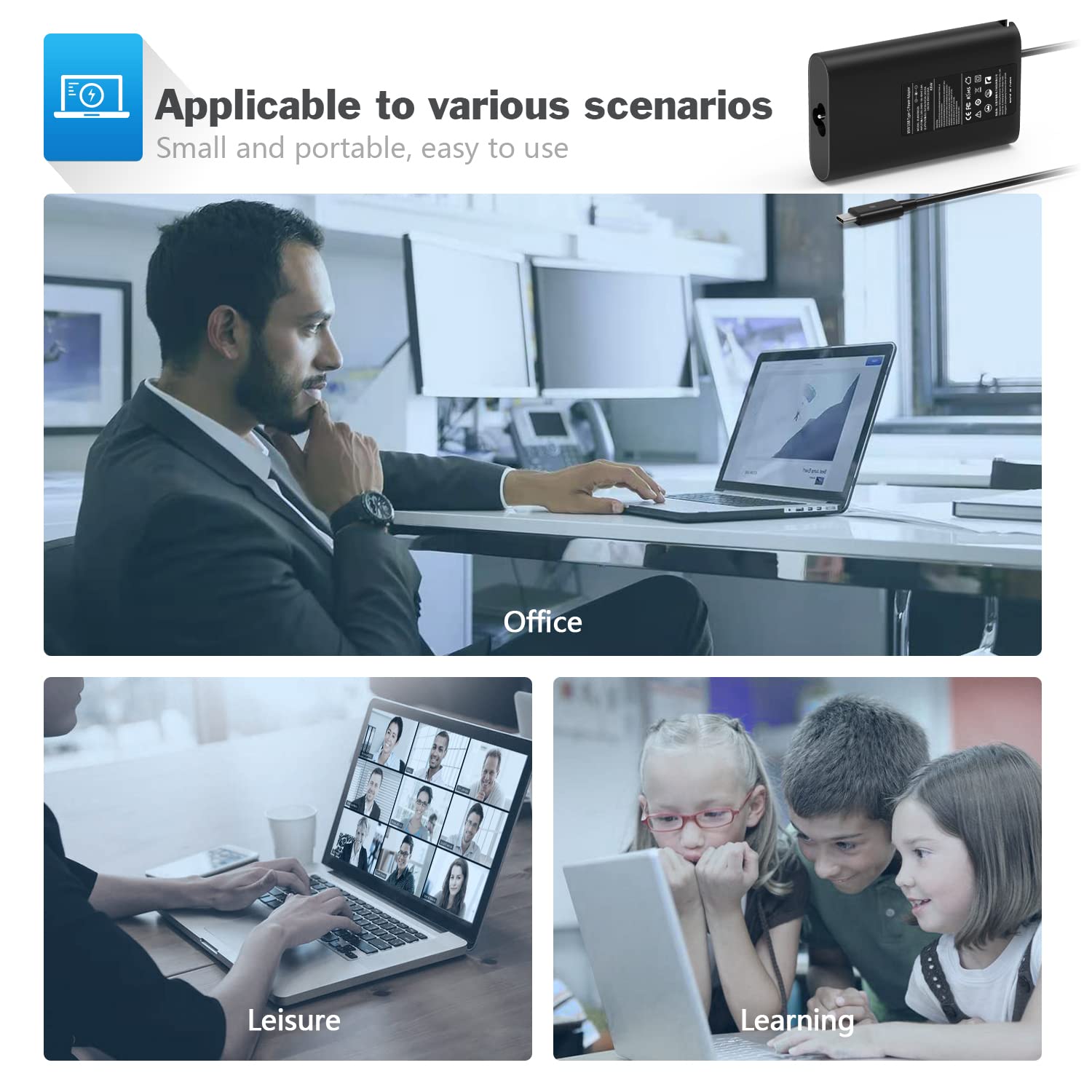 Cargador USB tipo C de 65 W para Dell LA65NM170 2YKOF, XPS 12 13, Latitude 12 7275 13 7370, Lenovo Thinkpad x1 Tablet, Asus, ZenBook, MacBook Pro, portátil con carga USB C