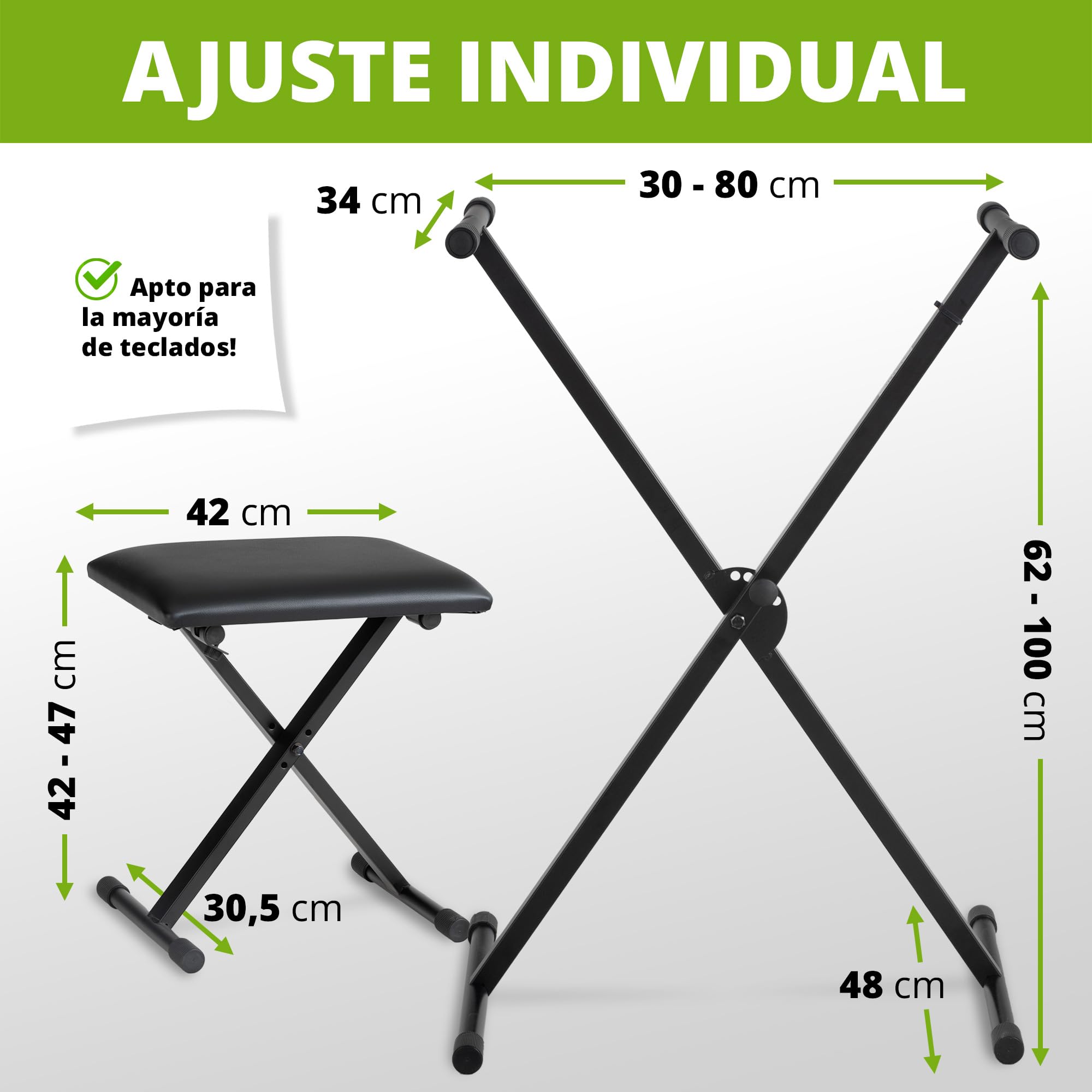 Classic Cantabile Set de Teclado Soporte de Teclado en X Ajustable en 5 Alturas - Banco para Teclado Acolchado Ajustable en 3 Alturas – Soporte Plegable Estable y banqueta cómoda - Negro